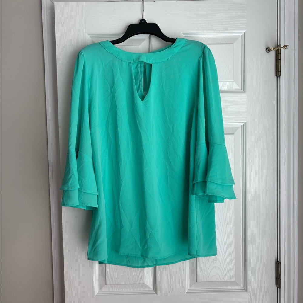 She + Sky Teal Blouse with Flared Sleeves